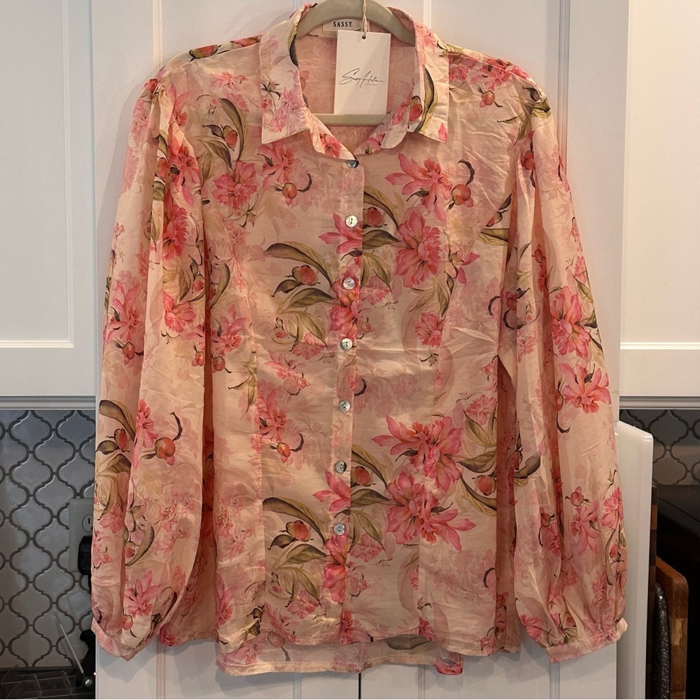 Sassy Hills Pink Floral Sheer Blouse Top Size M/L Pink Fairy Cottage Crinkle
